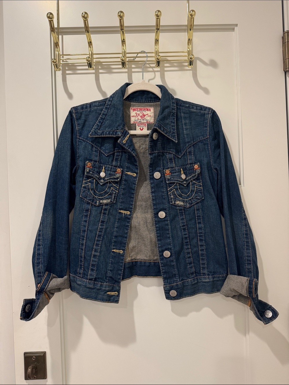 True Religion Jimmy Denim Jacket Dark Wash Silver Buttons Size Small